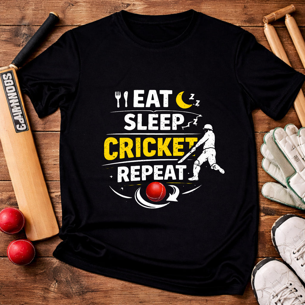 Eat Sleep Cricket Repeat T-Shirt – Cricket Lover Graphic Tee (Black & Navy Blue)