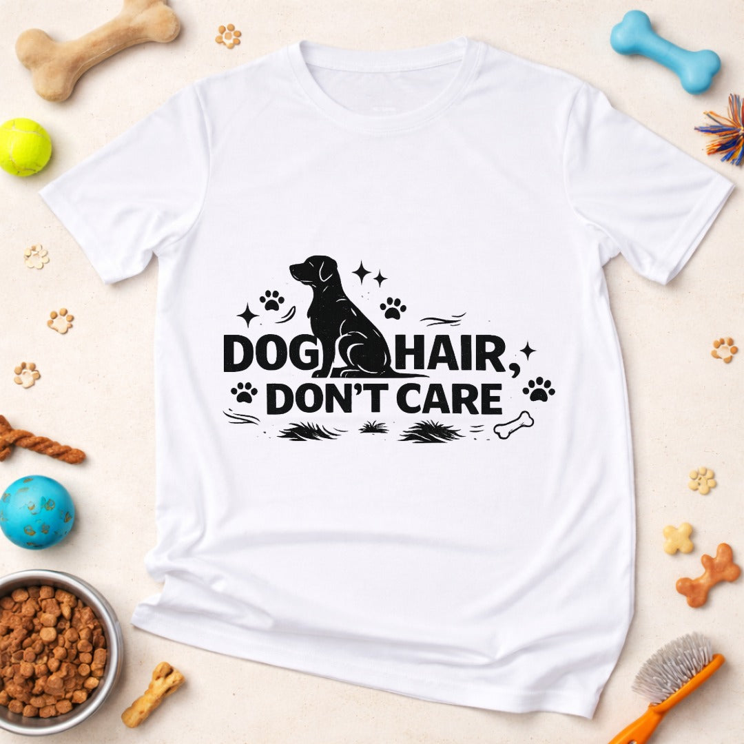 Dog Hair Don’t Care T-Shirt – Funny Dog Lover Graphic Tee (White & Grey)