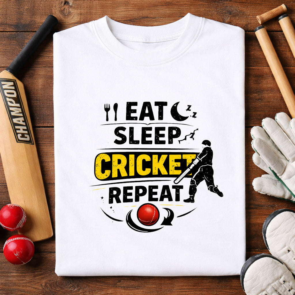 Eat Sleep Cricket Repeat T-Shirt – Cricket Lover Graphic Tee (White)