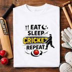 Eat Sleep Cricket Repeat T-Shirt – Cricket Lover Graphic Tee (White)