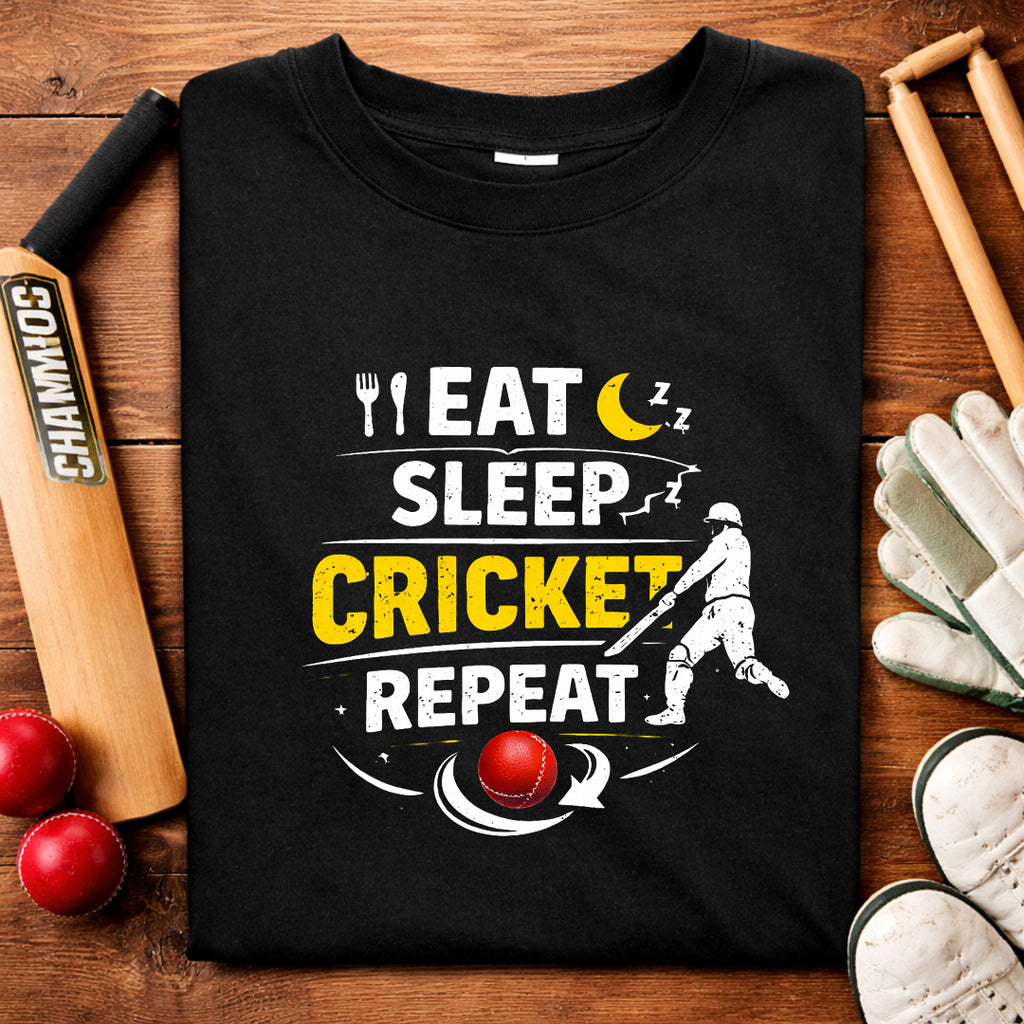 Eat Sleep Cricket Repeat T-Shirt – Cricket Lover Graphic Tee (Black & Navy Blue)