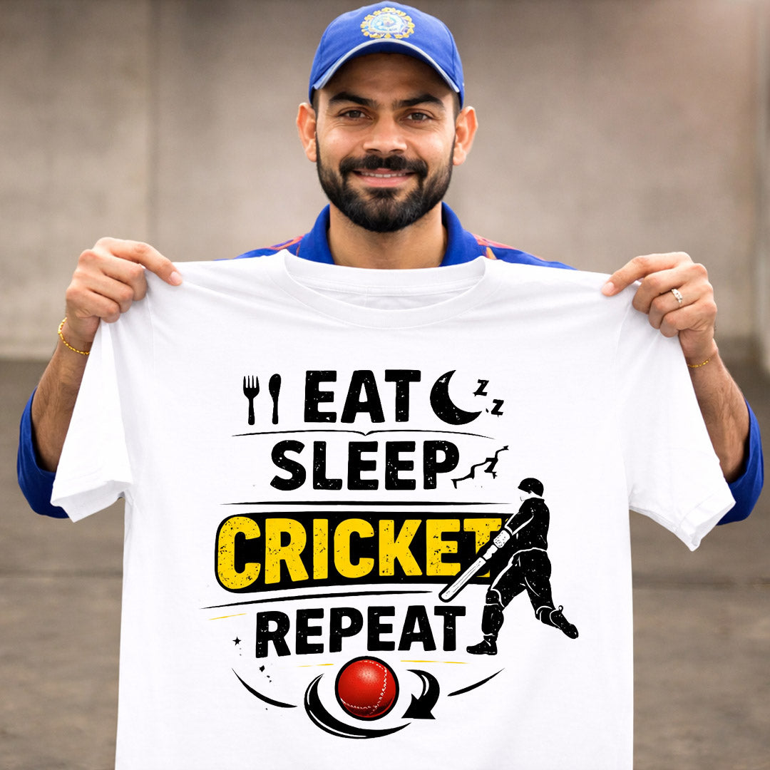 Eat Sleep Cricket Repeat T-Shirt – Cricket Lover Graphic Tee (White)