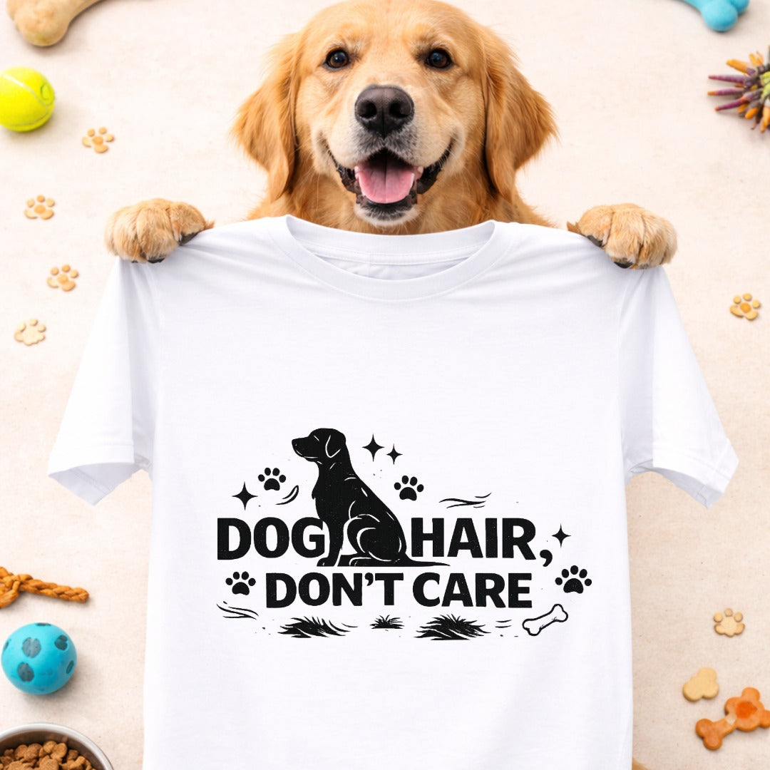 Dog Hair Don’t Care T-Shirt – Funny Dog Lover Graphic Tee (White & Grey)