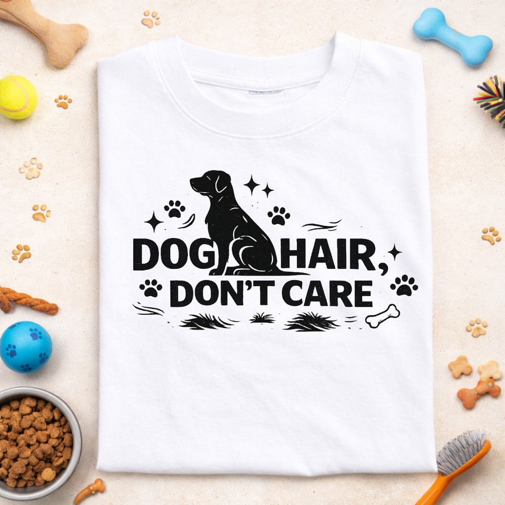 Dog Hair Don’t Care T-Shirt – Funny Dog Lover Graphic Tee (White & Grey)