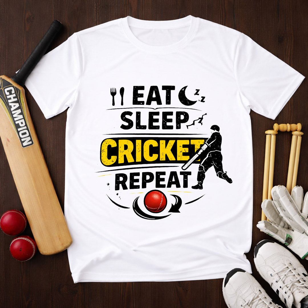 Eat Sleep Cricket Repeat T-Shirt – Cricket Lover Graphic Tee (White)