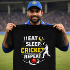 Eat Sleep Cricket Repeat T-Shirt – Cricket Lover Graphic Tee (Black & Navy Blue)