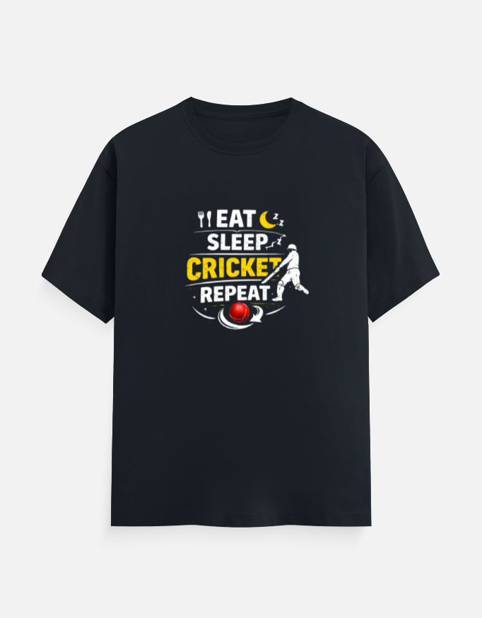 Eat Sleep Cricket Repeat T-Shirt – Cricket Lover Graphic Tee (Black & Navy Blue)