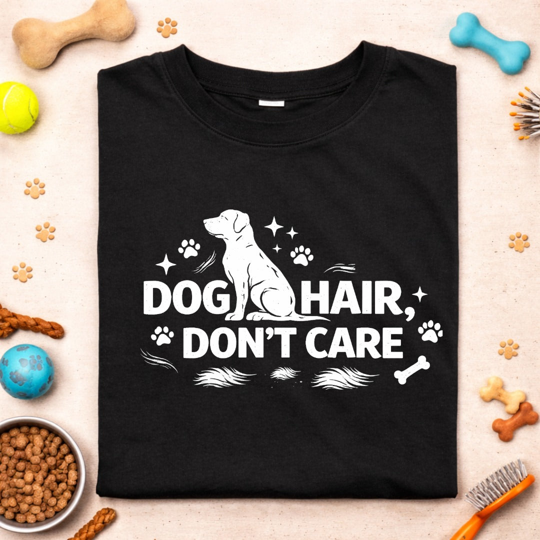 Dog Hair Don’t Care T-Shirt – Funny Dog Lover Graphic Tee (Black & Navy Blue)