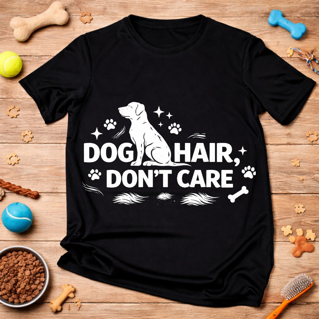 Dog Hair Don’t Care T-Shirt – Funny Dog Lover Graphic Tee (Black & Navy Blue)