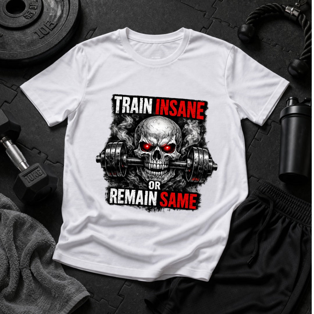 Train Insane or Remain Same Skull Gym T-Shirt – Hardcore Fitness Graphic Tee