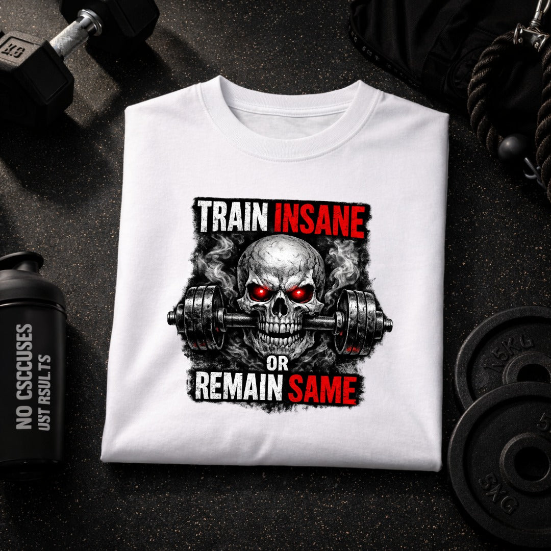 Train Insane or Remain Same Skull Gym T-Shirt – Hardcore Fitness Graphic Tee