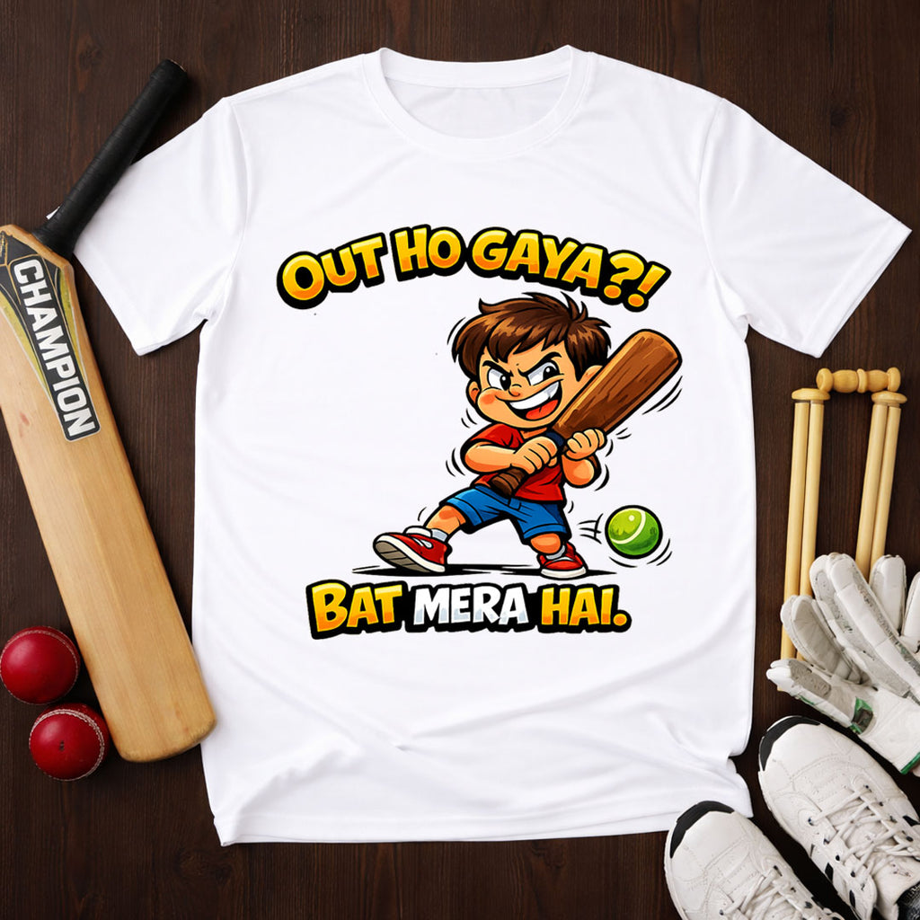 Out Ho Gaya?! Bat Mera Hai T-Shirt | Funny Gully Cricket Tee | Black & White
