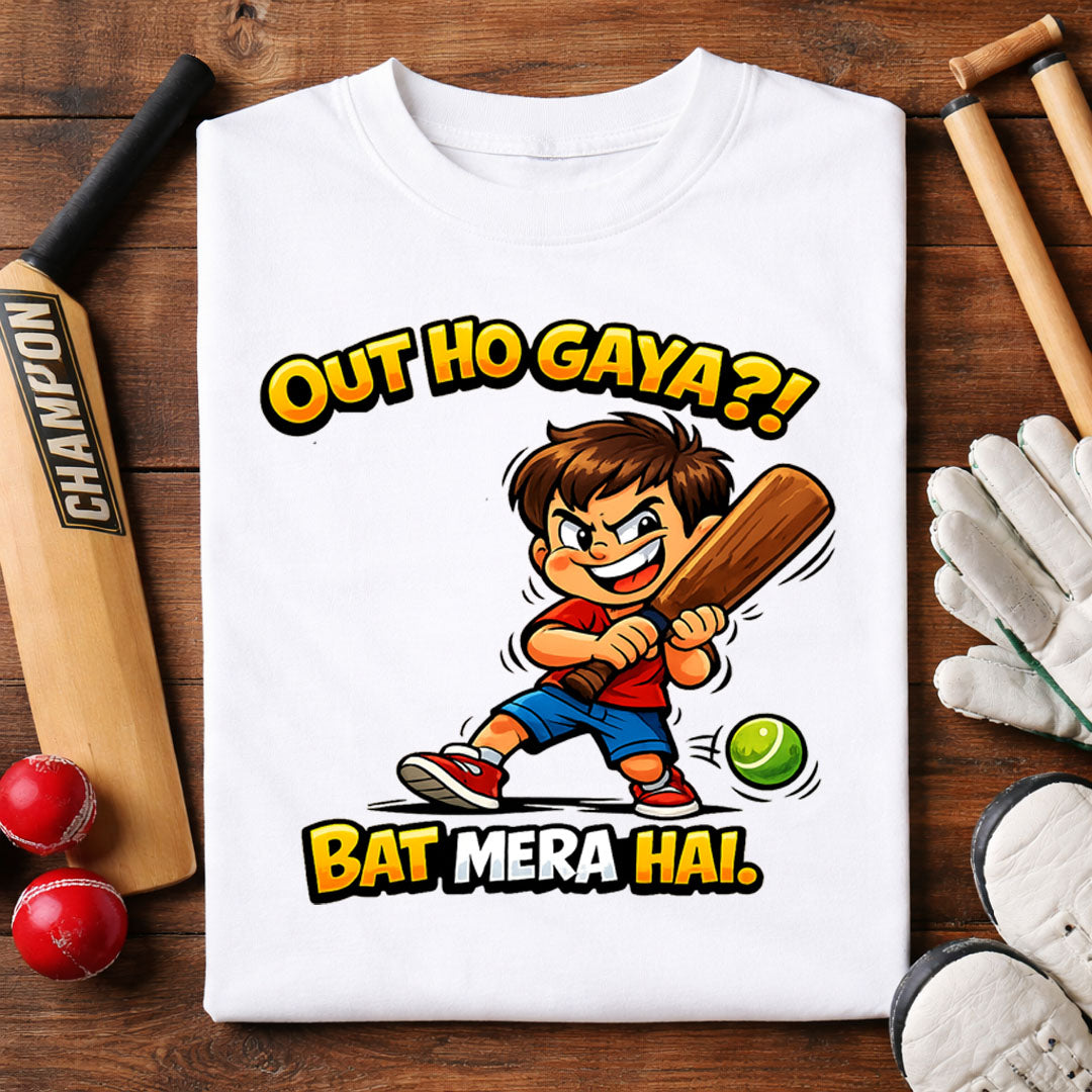Out Ho Gaya?! Bat Mera Hai T-Shirt | Funny Gully Cricket Tee | Black & White