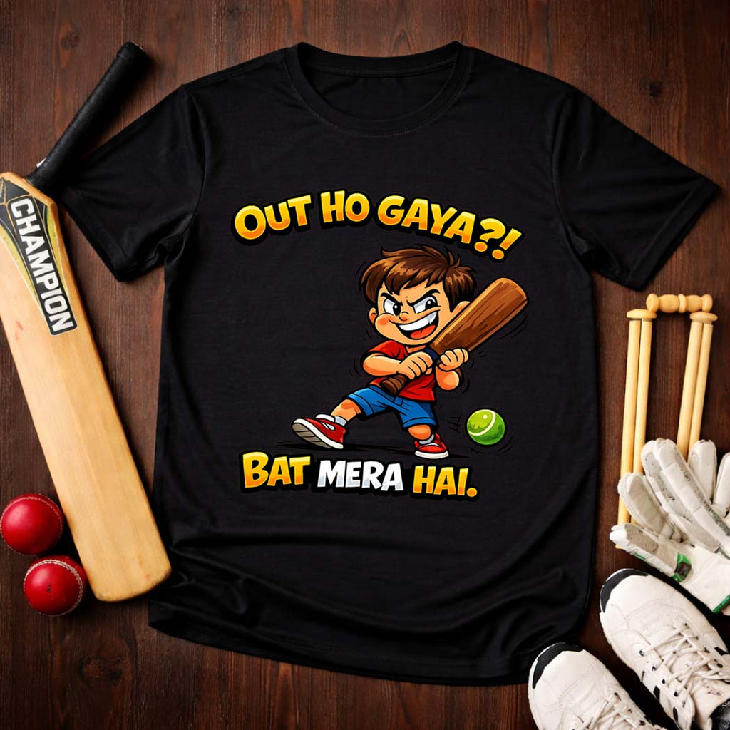 Out Ho Gaya?! Bat Mera Hai T-Shirt | Funny Gully Cricket Tee | Black & White