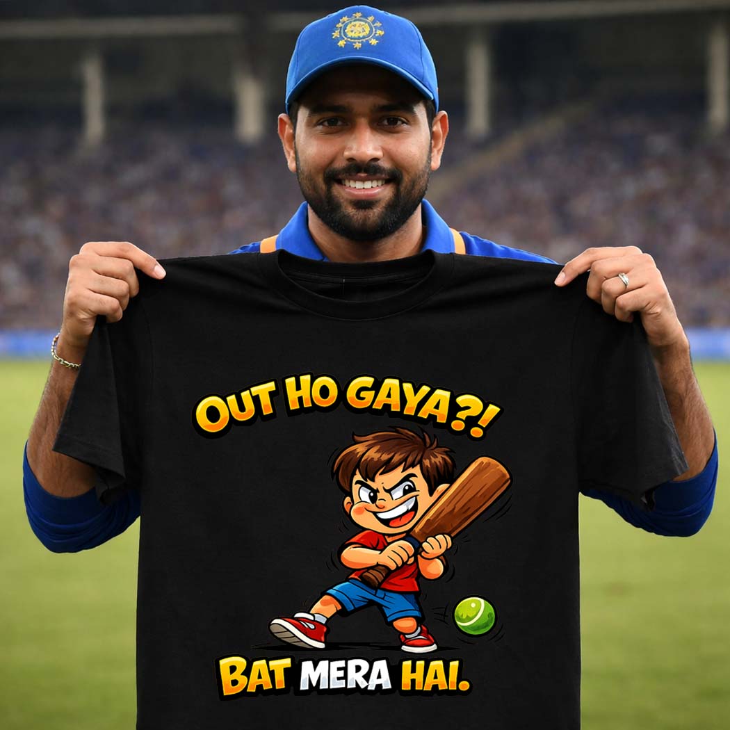 Out Ho Gaya?! Bat Mera Hai T-Shirt | Funny Gully Cricket Tee | Black & White